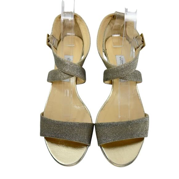 Jimmy Choo Chiara Sandal Size 39 /9 Cross Strap Open Metallic Gold Glitter Wedge - Picture 2 of 14